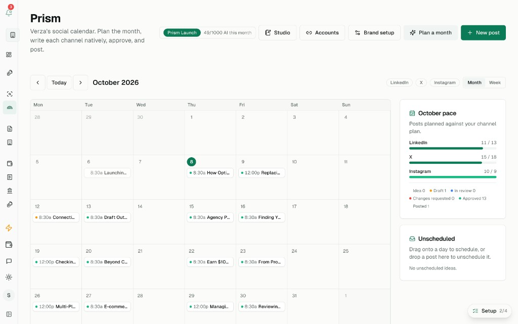 Le calendrier Prism dans l’app Verza, octobre 2026